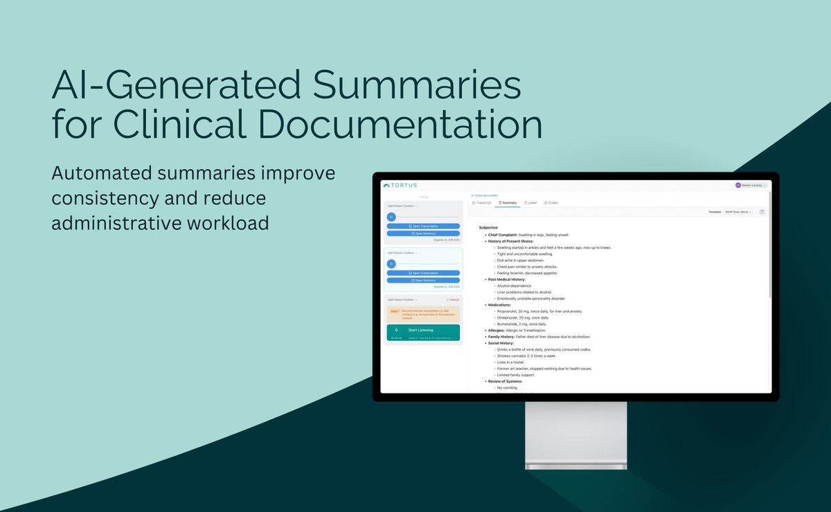 📄 AI-Generated Summaries for Clinical Documentation

Creating summaries shouldn’t add to workload. TORTUS automates this, ensuring concise, accurate summaries while reducing administrative strain.

⚡ Less paperwork
📉 Fewer errors
⏳ More time for care