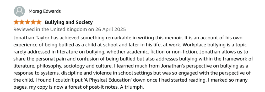 Jonathan Taylor (@crystalclearjt) on Twitter photo Thank you to <a href="/EdwardsMorag/">Morag Edwards</a> for this lovely review of "A Physical Education: On Bullying, Discipline & Other Lessons" <a href="/GoldsmithsPress/">Goldsmiths Press</a> Really appreciated. <a href="/cwaleicester/">Creative Writing at Leicester</a> <a href="/EverybodyReview/">Everybody'sReviewing</a> <a href="/litleics/">Literary Leicester</a> <a href="/ABAonline/">Anti-Bullying Alliance #AntiBullyingWeek</a> <a href="/tes/">Tes</a> <a href="/timeshighered/">Times Higher Education</a> <a href="/NationalEcrime/">National Bullying Helpline and eCRIME</a> <a href="/NEUnion/">National Education Union</a> Thank you to <a href="/EdwardsMorag/">Morag Edwards</a> for this lovely review of "A Physical Education: On Bullying, Discipline & Other Lessons" <a href="/GoldsmithsPress/">Goldsmiths Press</a> Really appreciated. <a href="/cwaleicester/">Creative Writing at Leicester</a> <a href="/EverybodyReview/">Everybody'sReviewing</a> <a href="/litleics/">Literary Leicester</a> <a href="/ABAonline/">Anti-Bullying Alliance #AntiBullyingWeek</a> <a href="/tes/">Tes</a> <a href="/timeshighered/">Times Higher Education</a> <a href="/NationalEcrime/">National Bullying Helpline and eCRIME</a> <a href="/NEUnion/">National Education Union</a>