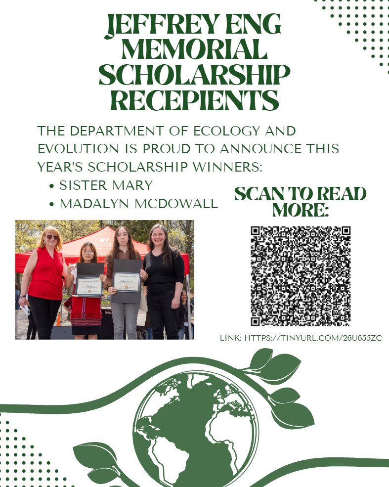 We are proud to recognize Sister Mary and Madalyn McDowall as the recipients of this year’s Jeffrey Eng Memorial Scholarship, awarded by the Department of Ecology and Evolution at Stony Brook University.📎 Learn more by scanning the QR code or visiting: tinyurl.com/26u655zc