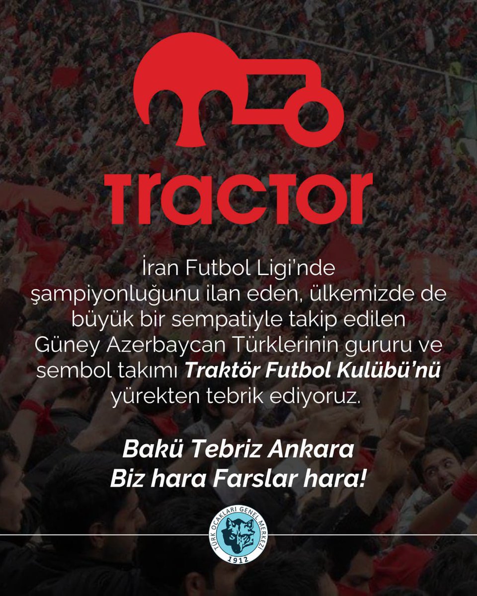 İran Futbol Ligi’nde şampiyonluğunu ilan eden, ülkemizde de büyük bir sempatiyle takip edilen  Güney Azerbaycan Türklerinin gururu ve sembol takımı Traktör Futbol Kulübü’nü yürekten tebrik ediyoruz. 

Bakü Tebriz Ankara
Biz hara Farslar hara!