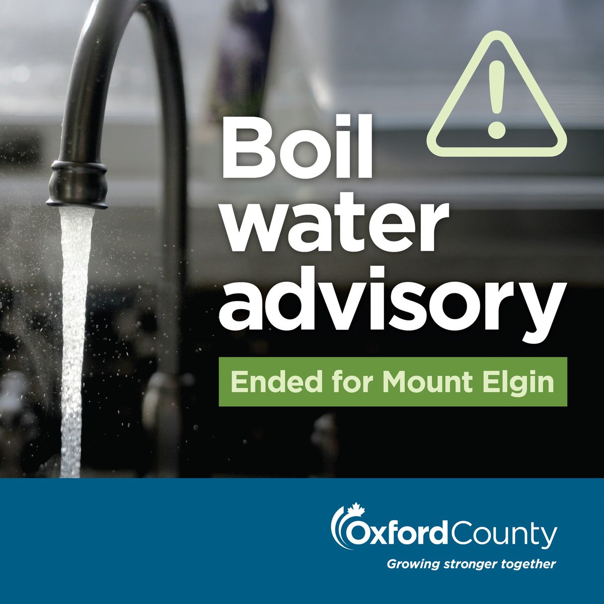 MOUNT ELGIN: Boil water advisory ENDED. Residents in the area can resume regular water use. After a boil water advisory has ended, Public Health advises residents to run water taps for 5 minutes before using the water. oxfordcounty.ca/news/posts/upd…
