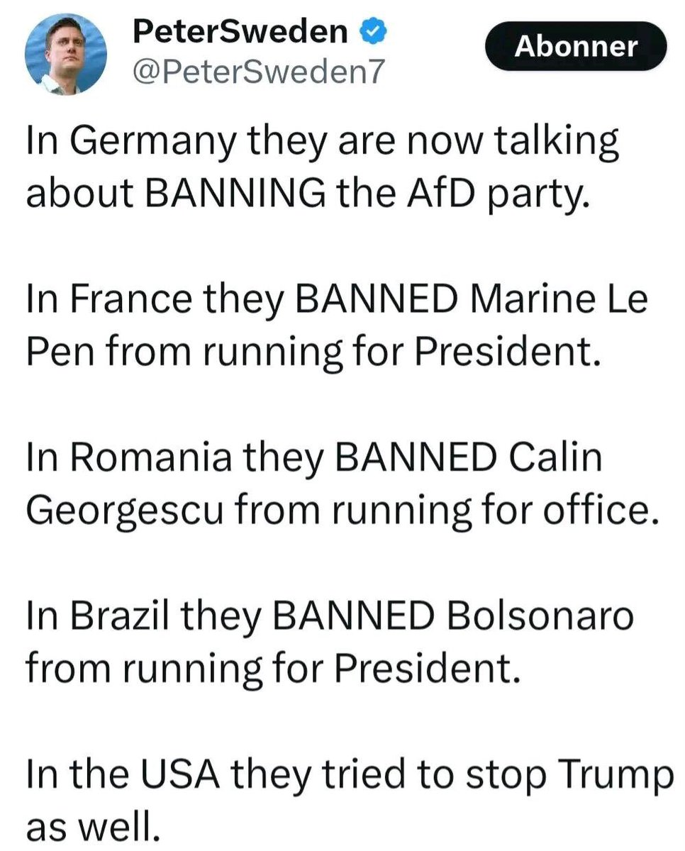 ovesen_carina's tweet image. Ser du ett mønster her………
Alle disse partiene slåss mot globalistene og vil fjerne landene sine fra fremmede ikke valgte organisasjoner. De ønsker å ta tilbake råderetten til sine egne land og gi tilbake makten til folket.
Hva er høyreekstremt med dette❓❓❓