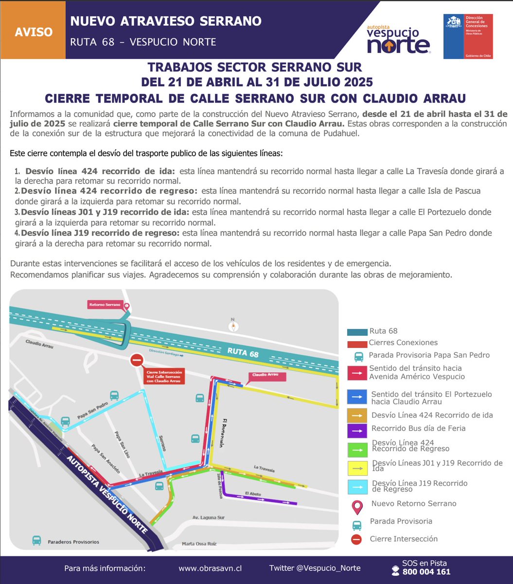 Hasta el 31 de Julio
🚧Cierre temporal de intersección entre calles #Serrano con #ClaudioArrau en #Pudahuel, por obras nuevo Atravieso Serrano
Revisa los desvío de recorridos de micro 424 J01 y J19
#PrefieraAlternativas
<a href="/mop_chile/">Ministerio de Obras Públicas🇨🇱</a> <a href="/Autop68/">Rutas del Pacífico</a> <a href="/TTISantiago/">TransporteInforma Región Metropolitana De Santiago</a> @RadioCarab <a href="/Red_Movilidad/">Red Movilidad</a>