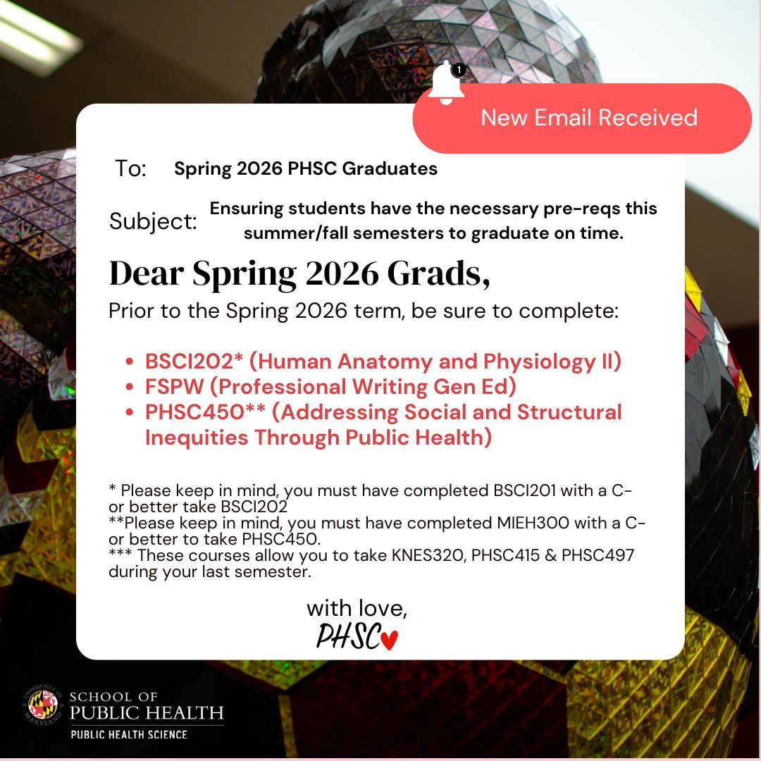 📅 Planning to graduate in Spring 2026? Be sure to complete these courses in the upcoming summer or fall semesters to ensure a timely graduation ✅  Plan ahead! #PHSC #Spring2026 #Graduation #UMD