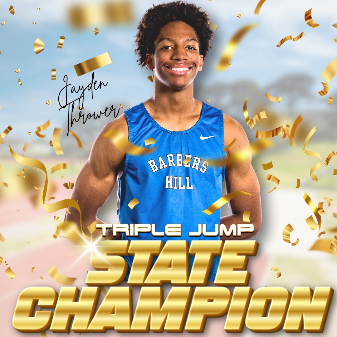 Barbers Hill 🦅 Girls Cross Country/Track & Field (@bhhseagletrack) on Twitter photo Congratulations to Jayden Thrower on becoming a BACK TO BACK STATE CHAMPION in the Triple Jump!!! He jumped 51’ 3.25”, eclipsing his own school record by over a foot! Amazing job!!! <a href="/BH_Athletics/">Barbers Hill Athletics</a> <a href="/BHBoosterClub/">BH Athletic Booster</a> Congratulations to Jayden Thrower on becoming a BACK TO BACK STATE CHAMPION in the Triple Jump!!! He jumped 51’ 3.25”, eclipsing his own school record by over a foot! Amazing job!!! <a href="/BH_Athletics/">Barbers Hill Athletics</a> <a href="/BHBoosterClub/">BH Athletic Booster</a>