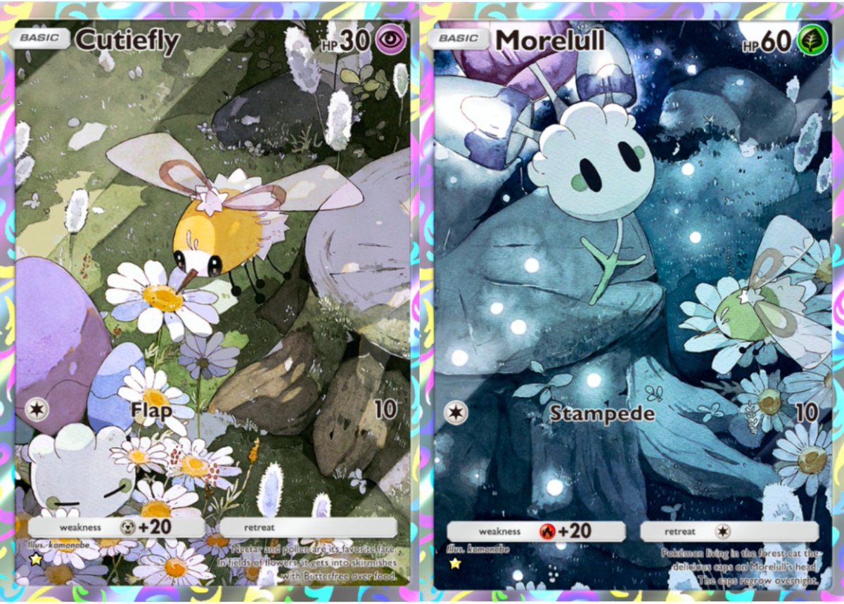 Love these 2 cards by kamonabe

Morelull can be seen sleeping during the day in the Cutiefly card

At night in the same area Cutiefly is sleeping in the Morelull card

#PokemonTCGPocket