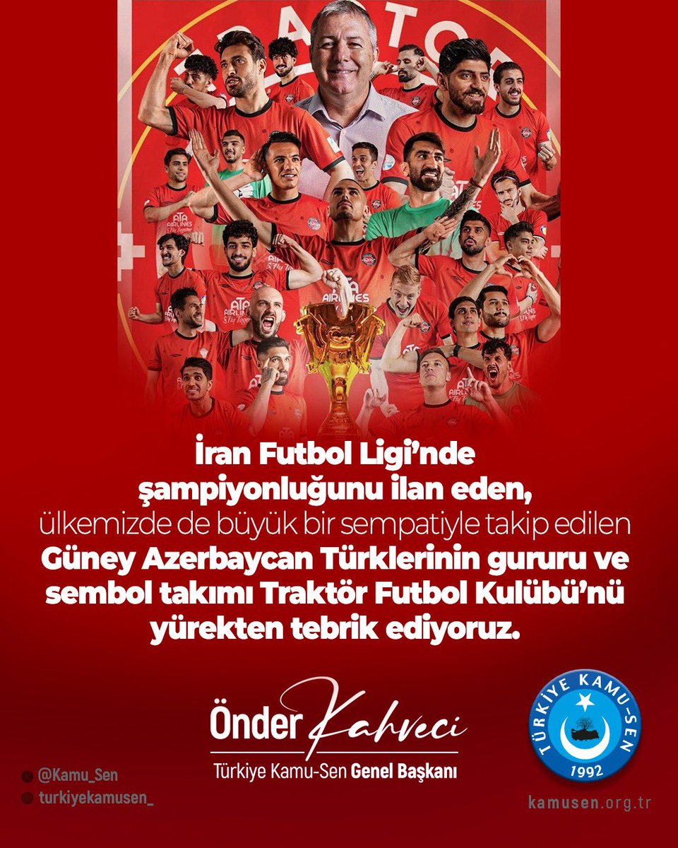 İran Futbol Ligi’nde şampiyonluğunu ilan eden, ülkemizde de büyük bir sempatiyle takip edilen  Güney Azerbaycan Türklerinin gururu ve sembol takımı Traktör Futbol Kulübü’nü yürekten tebrik ediyoruz.