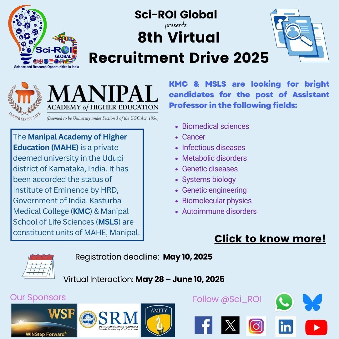 Sci_ROI's tweet image. 📢Deadline Approaching – Only 8 Days Left!
Thinking about returning to India and contributing to top-tier academics? Here’s your chance!
📅 Register by May 10, 2025
Apply now: sciroi.net/global
#SciROI #IndiaReturn #STEMCareers #AcademicJobs #ScienceInIndia #recruitment
