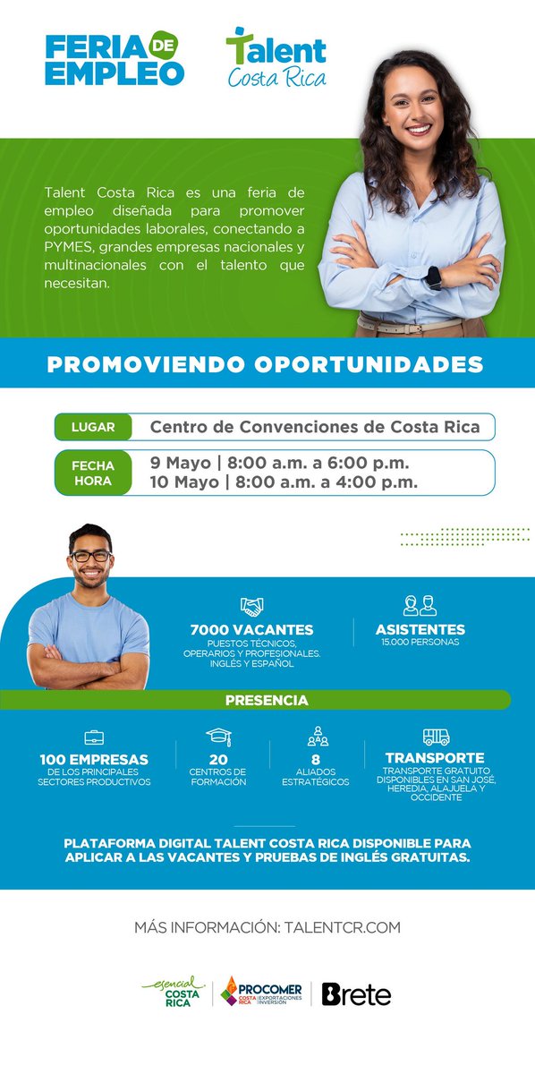 🎯 ¡Más de 7.000 oportunidades laborales!
Este 9 y 10 de mayo, más de 100 empresas estarán reclutando talento en la feria Talent Costa Rica, organizada por la Promotora de Comercio Exterior.