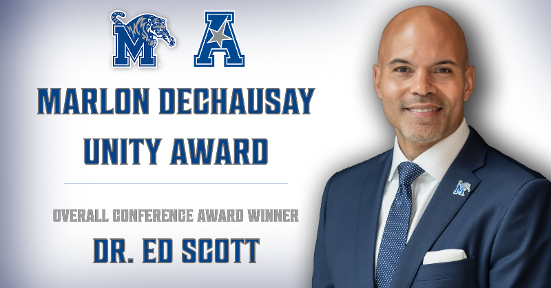 TigersAthletics's tweet photo. Congratulations to Dr. Scott on winning the 2025 Marlon Dechausay Unity Award by the @American_Conf

The American's Together We Stand Awards were renamed after our friend Marlon 💙