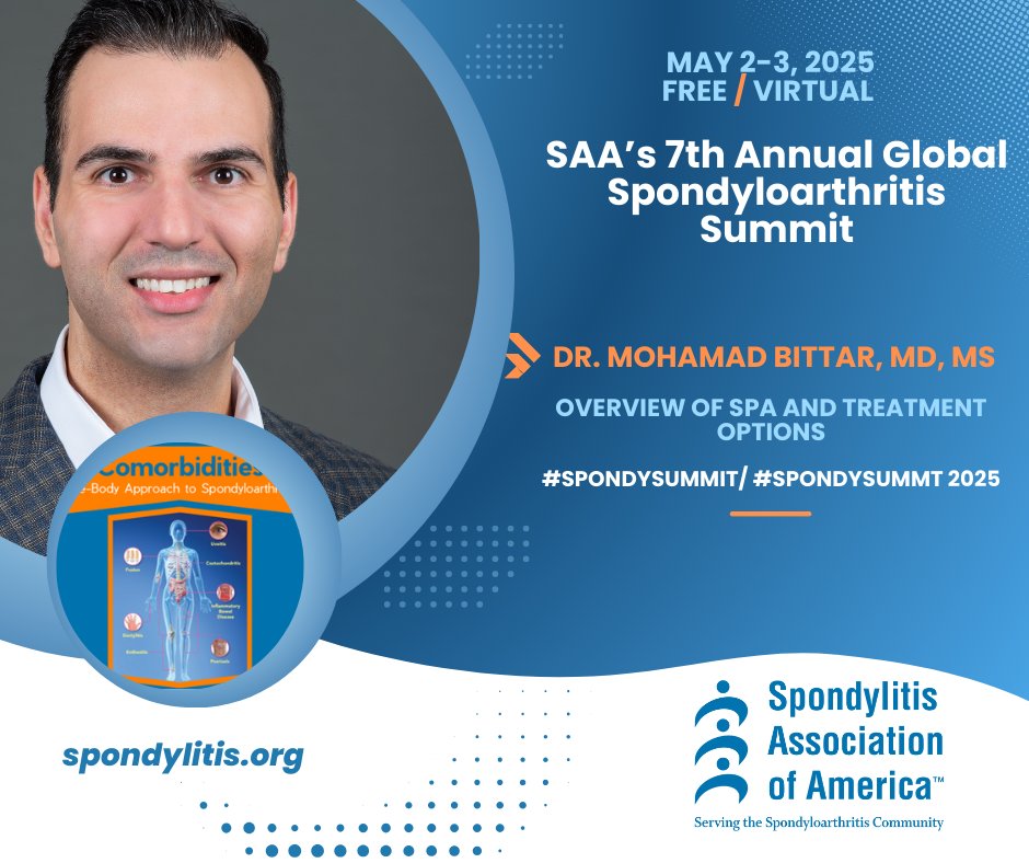 Kicking off Day 1 of the 7th Annual Global Spondyloarthritis Summit with a can’t-miss presentation! Join us at 9am PDT for Overview of SpA and Treatment Options, presented by Dr. Mohamad Bittar, MD, MS.

Dr. Mohammad Bittar provides a comprehensive overview of spondyloarthritis,