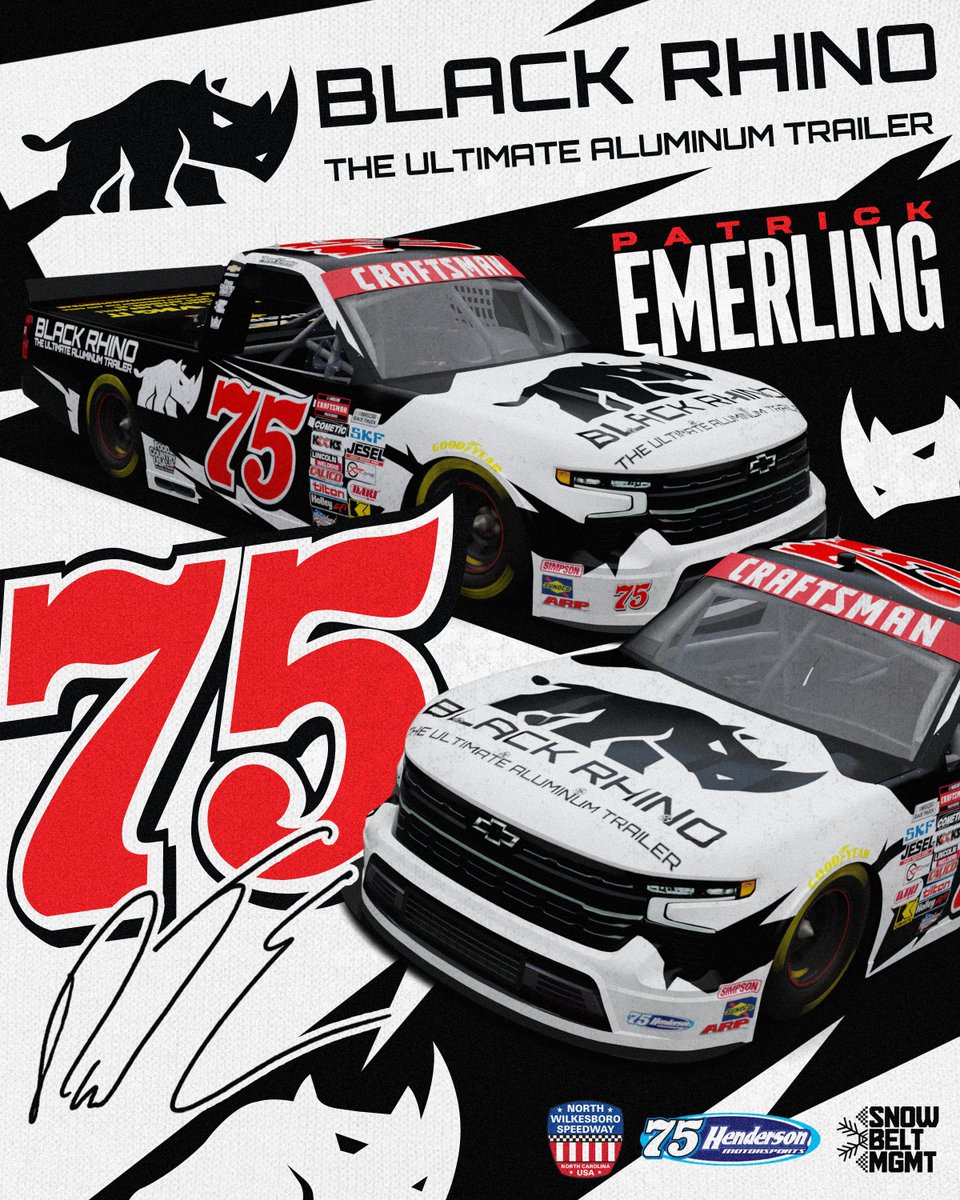 NEWS: We're excited to announce Patrick Emerling will drive our truck at North Wilkesboro with Black Rhino Aluminum Trailers onboard! Later dates to be announced!

#Henderson75