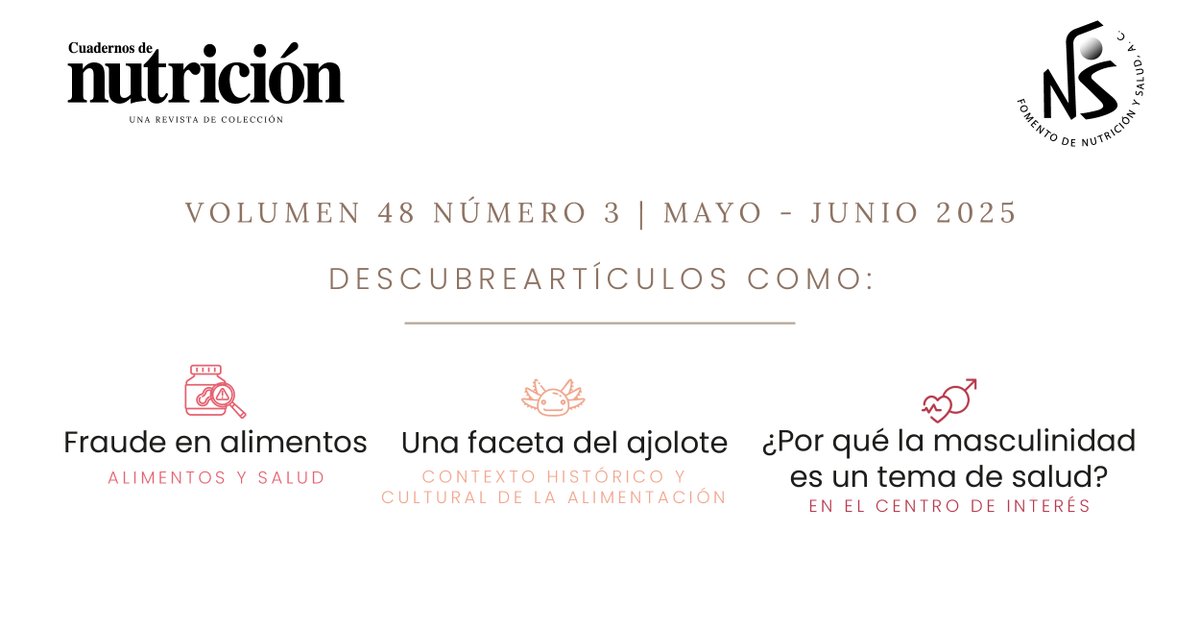 📓🍏 Descubre los temas más fascinantes en nuestra revista Cuadernos de Nutrición de mayo - junio de 2025.
Visita nuestro sitio web para obtener tu suscripción anual por solo $300, que te dará acceso a los 6 números que publicamos cada año y a la biblioteca de números anteriores.