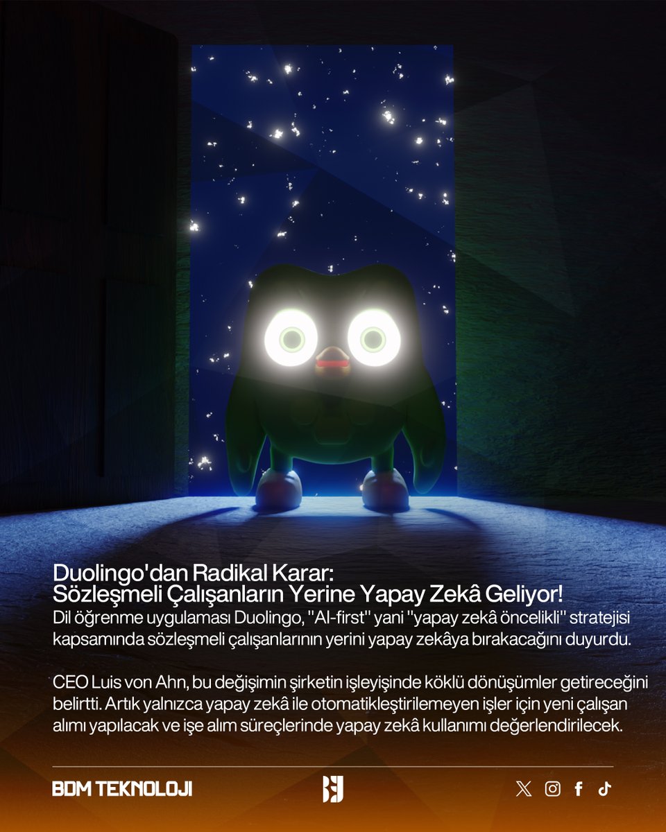 bdmteknoloji's tweet photo. Sizce bu karar, iş dünyasında yapay zekâ kullanımının geleceği hakkında ne söylüyor?
Yorumlarınızı bizimle paylaşın!
#Duolingo #YapayZeka #İşDünyası #Teknoloji #AI https://t.co/Bwu1KddWGG