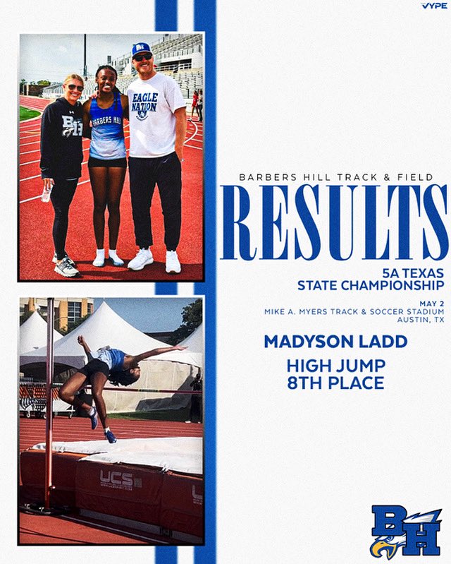 Barbers Hill 🦅 Girls Cross Country/Track & Field (@bhhseagletrack) on Twitter photo Congrats to freshman Madyson Ladd on her 8th place finish in the High Jump at the UIL State Track and Field Championships!!! What a great season to start off her high school experience! <a href="/BHBoosterClub/">BH Athletic Booster</a> <a href="/BH_Athletics/">Barbers Hill Athletics</a> Congrats to freshman Madyson Ladd on her 8th place finish in the High Jump at the UIL State Track and Field Championships!!! What a great season to start off her high school experience! <a href="/BHBoosterClub/">BH Athletic Booster</a> <a href="/BH_Athletics/">Barbers Hill Athletics</a>