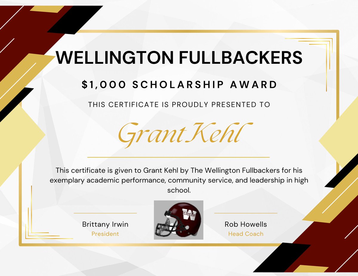 Coach Howells (@coachhowellswfb) on Twitter photo 🚨Scholarship Award Winner🚨
Every year The Wellington Fullbacker football boosters gives a $1,000 scholarship to a graduating senior player.
Congrats to <a href="/GrantKehl/">Grant Kehl</a> for being this year's winner! Excited to see what the future holds for this young man!
#OnceADukeAlwaysADuke 🚨Scholarship Award Winner🚨
Every year The Wellington Fullbacker football boosters gives a $1,000 scholarship to a graduating senior player.
Congrats to <a href="/GrantKehl/">Grant Kehl</a> for being this year's winner! Excited to see what the future holds for this young man!
#OnceADukeAlwaysADuke