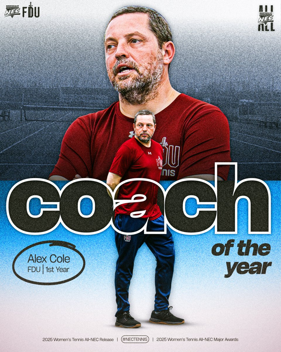 Northeast Conference (@necsports) on Twitter photo ๐พ๐
2025 Women's #NECtennis Coach of the Year
Alex Cole, <a href="/FDUKnights/">FDU Knights</a> โจ
ยป Led the โ๏ธ to their first title since 2016 in his first season at the helm
ยป Guided FDU to a perfect 8-0 mark vs. NEC competitors
ยป The third FDU head coach to earn the #NECCOY title
#NECelite ๐พ๐
2025 Women's #NECtennis Coach of the Year
Alex Cole, <a href="/FDUKnights/">FDU Knights</a> โจ
ยป Led the โ๏ธ to their first title since 2016 in his first season at the helm
ยป Guided FDU to a perfect 8-0 mark vs. NEC competitors
ยป The third FDU head coach to earn the #NECCOY title
#NECelite
