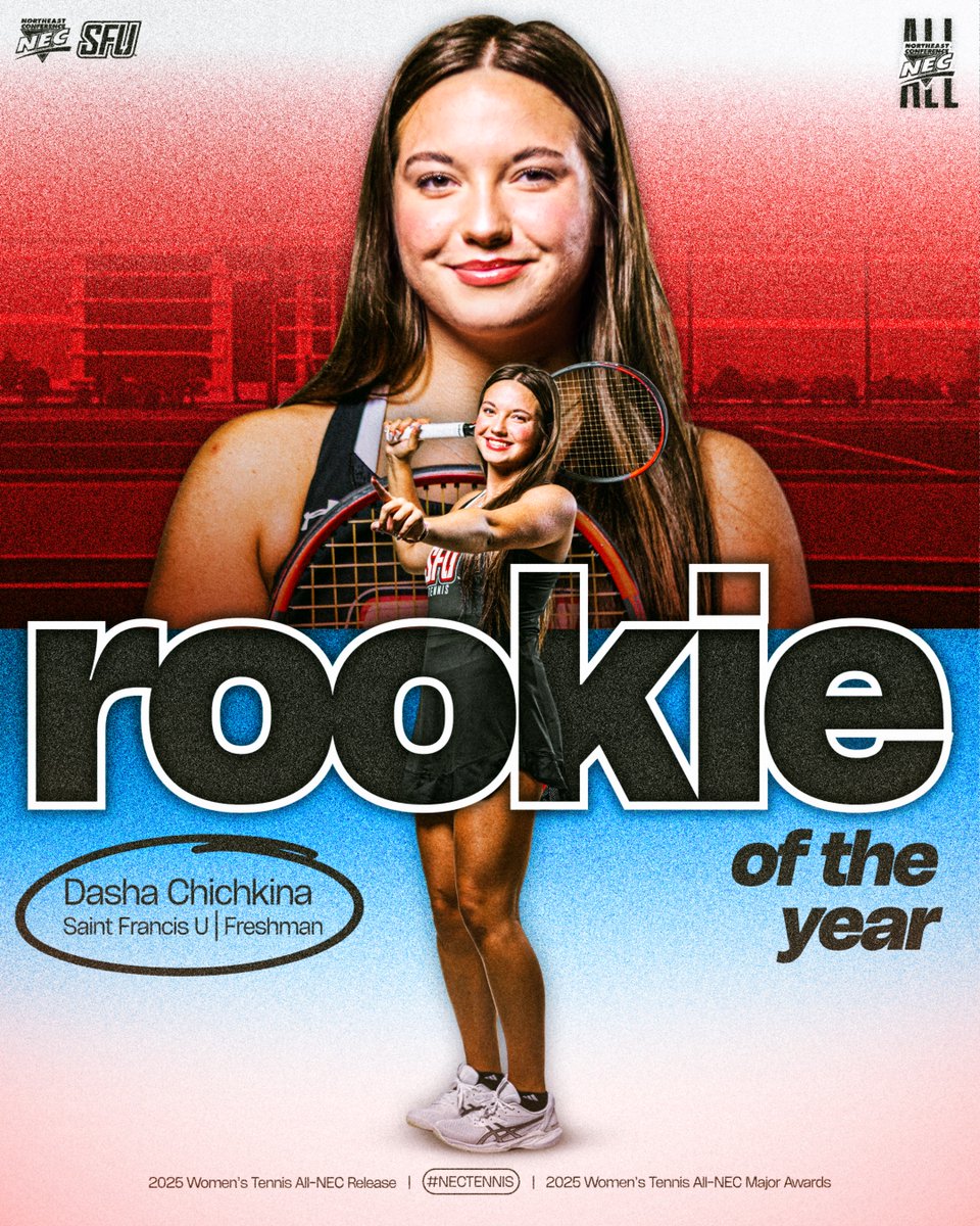 NECsports's tweet photo. 🎾🏅 2025 Women's #NECtennis Rookie of the Year

Dasha Chichkina, @SFUathletics ✨

» Compiled a 24-8 solo mark for the 2nd-most Ws in the circuit
» A five-time #NECROW &amp; two-time #NECROM honoree
» The 2nd 🔴⚡️ frosh in as many years to garner #NECROY honors

#NECelite https://t.co/Gqy1U1KWkk