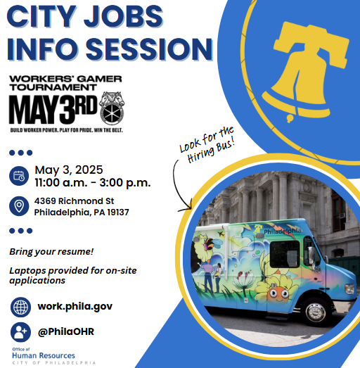 Philadelphia Office of Human Resources (@philaohr) on Twitter photo 📌Let's talk about City careers!
🚍Look for the Hiring Bus on Saturday, May 3 from 11 AM-3 PM at <a href="/623Local/">Teamsters Local 623</a> Workers' Gamer Tournament with <a href="/CMThomasPHL/">Councilmember Isaiah Thomas</a>.
Learn about
✅Job openings
✅The hiring process
✅Career growth
You can apply for jobs on-site! Bring your resume! 📌Let's talk about City careers!
🚍Look for the Hiring Bus on Saturday, May 3 from 11 AM-3 PM at <a href="/623Local/">Teamsters Local 623</a> Workers' Gamer Tournament with <a href="/CMThomasPHL/">Councilmember Isaiah Thomas</a>.
Learn about
✅Job openings
✅The hiring process
✅Career growth
You can apply for jobs on-site! Bring your resume!