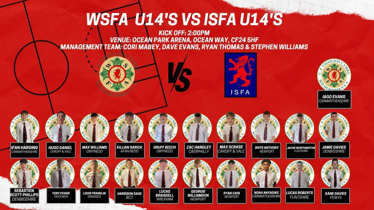 WelshSchoolsFA's tweet photo. 🏴󠁧󠁢󠁷󠁬󠁳󠁿v 🏴󠁧󠁢󠁥󠁮󠁧󠁿
Good luck to the U16s and U14s boys as they face @isfafootball England Independent Schools on Monday @oceanparkarena 
#schoolcountycountry https://t.co/Cz07c86Ztn