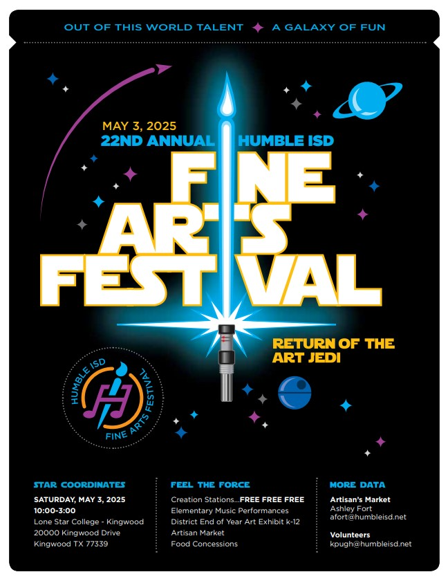 Join us tomorrow for the 22nd Annual Humble ISD Fine Arts Festival! 10 am to 3 pm at Lone Star College-Kingwood. Enjoy student art exhibits, live music performances by elementary and secondary students, an Artisan Market, hands-on creation stations, and food concessions. 
🎨