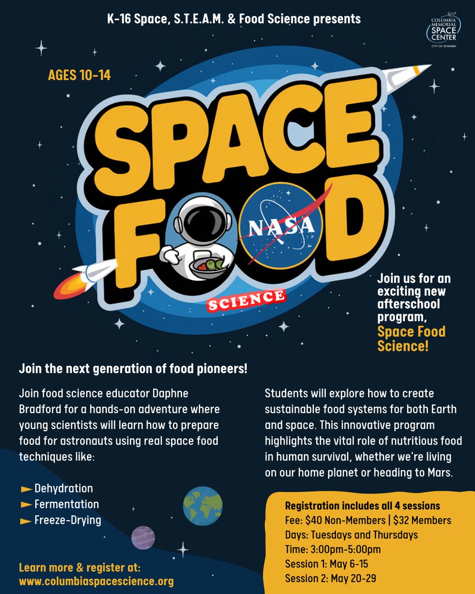 City of Downey - Government (@cityofdowney) on Twitter photo Get ready for liftoff! Join food science educator Daphne Bradford at the Columbia Memorial Space Center for Space Food Science, an afterschool program created for curious minds ages 10 to 14!
Visit columbiaspacescience.org for more info.
<a href="/columbiaspace/">Columbia Space Center</a>
#CityofDowney #DowneyCA Get ready for liftoff! Join food science educator Daphne Bradford at the Columbia Memorial Space Center for Space Food Science, an afterschool program created for curious minds ages 10 to 14!
Visit columbiaspacescience.org for more info.
<a href="/columbiaspace/">Columbia Space Center</a>
#CityofDowney #DowneyCA