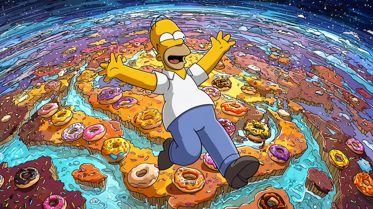 DomDomLiu's tweet image. Homer Simpson happily floating in the vastness of space, surrounded by donuts #Midjourney #OmniReference #HomerSimpson