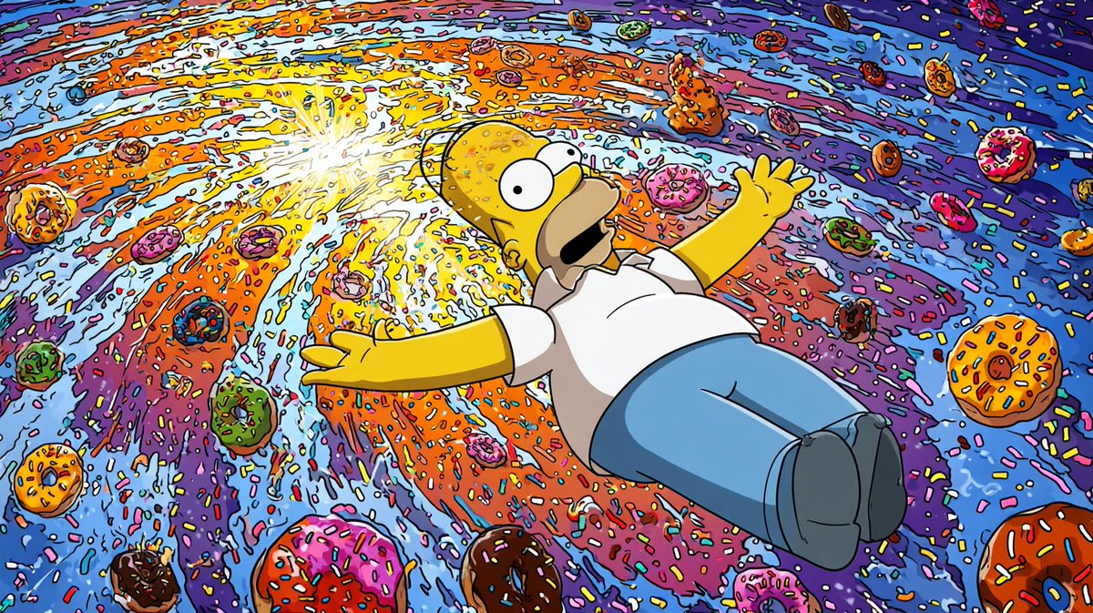 DomDomLiu's tweet image. Homer Simpson happily floating in the vastness of space, surrounded by donuts #Midjourney #OmniReference #HomerSimpson