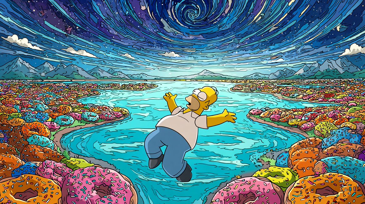 DomDomLiu's tweet image. Homer Simpson happily floating in the vastness of space, surrounded by donuts #Midjourney #OmniReference #HomerSimpson