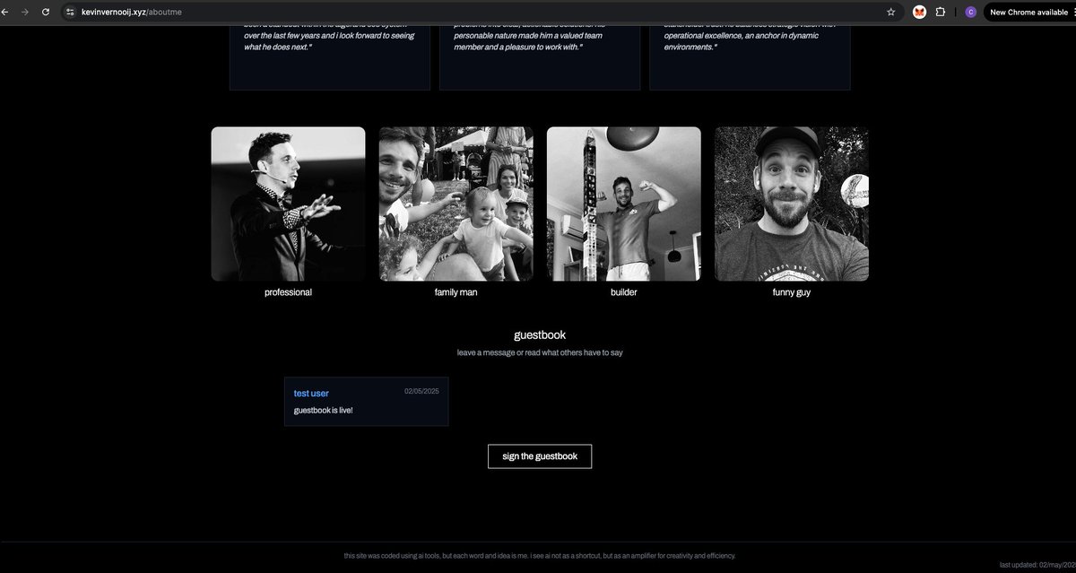 Just added a new feature to my career and background website! Guestbook 😎 it took some back and forth to get all functions working with <a href="/supabase/">Supabase</a> to moderate entries. But all done now! I'll continue to expand the page 💻 kevinvernooij.xyz