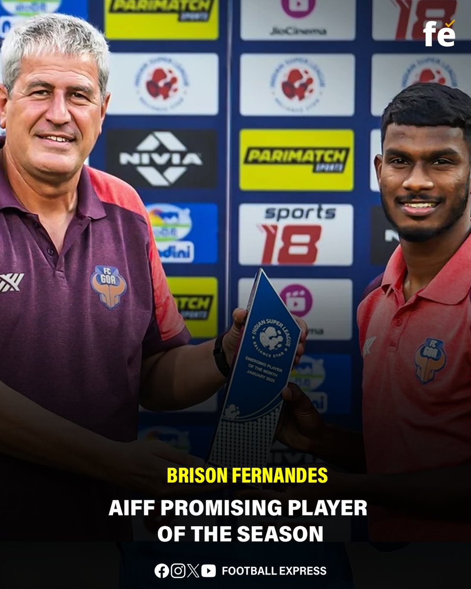 FExpressIndia's tweet photo. FC Goa’s very own Brison Fernandes bags the AIFF Promising Player of the Season award! 💥
#BrisonFernandes #AIFFAwards #IndianFootball #FCGoa #PromisingPlayer #FootballExpress #ISL #YoungTalent #FutureStar https://t.co/hKmXlOzVAs
