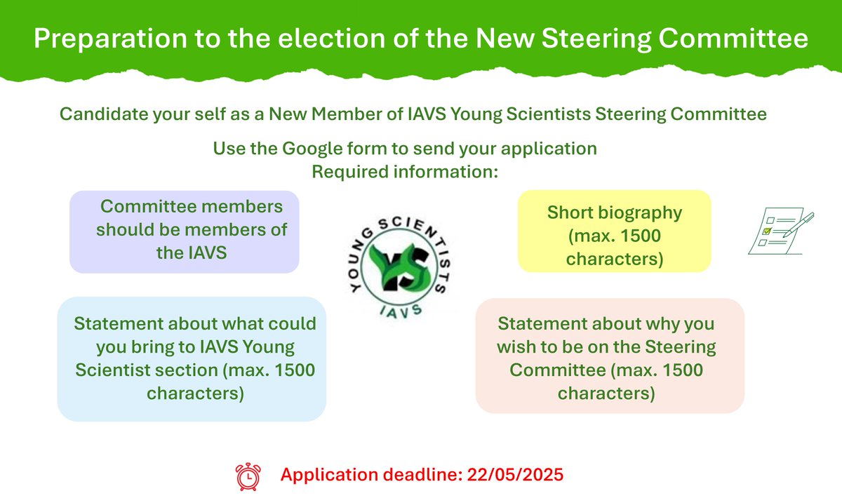 Are you a young #scientist interested in #vegetation #science with innovative #ideas 💡 to foster connectivity and communication among young scientists❓
You could be a perfect candidate for the new #IAVS Young Scientists #SteeringCommittee.
Application Deadline: 22/05/25
Apply👇