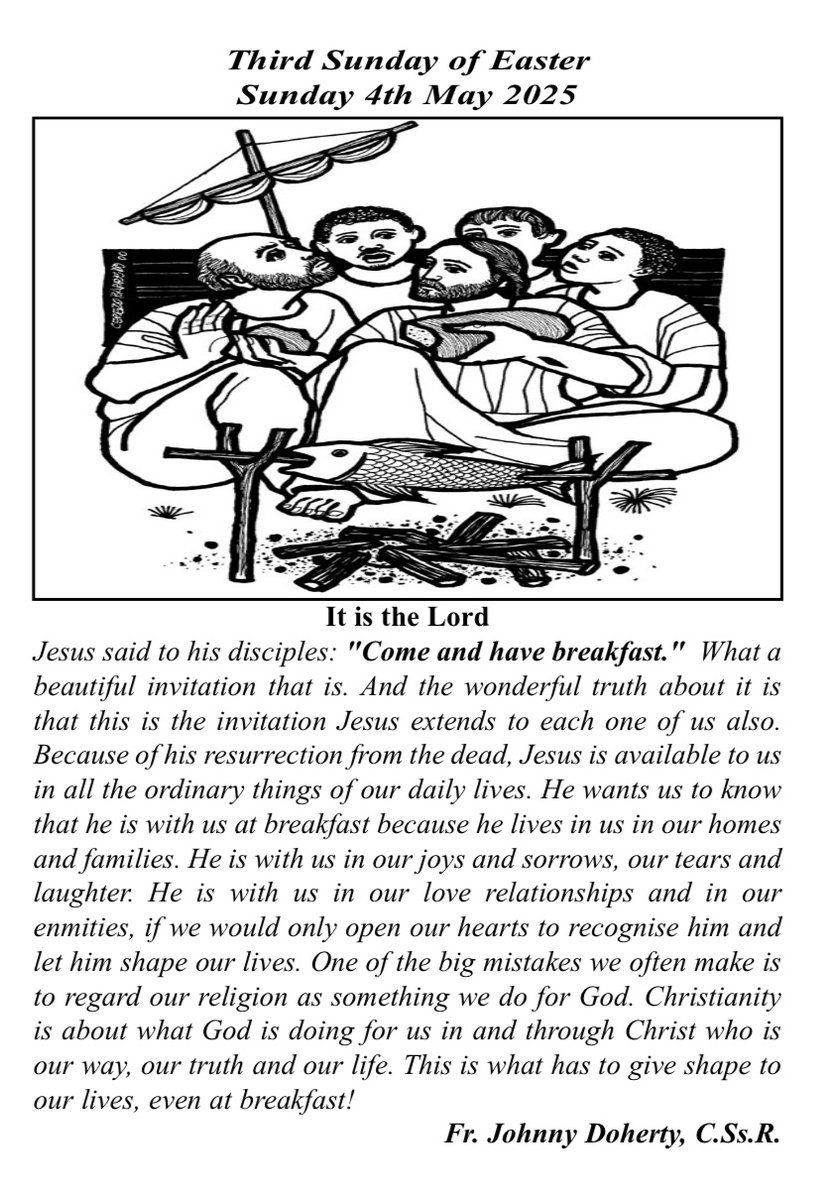 Greenlough Parish (@greenloughp) on Twitter photo Third Sunday of Easter - 4 May 2025. Gospel reflection this week from Fr. Johnny Doherty CSsR, CLONARD. Please click on image to enlarge or visit:
greenlough.com/reflection/3rd…
<a href="/JohnnyDoherty3/">Johnny Doherty</a>
<a href="/ClonardMBelfast/">Clonard Monastery</a>
<a href="/ParishLavey/">Lavey Parish</a>
<a href="/paddicurran1/">Paddi Coyle</a>
<a href="/editorthenet15/">The Net</a>
<a href="/RedComsIreland/">Red Communications</a>
<a href="/redsireland/">@RedsIreland</a> Third Sunday of Easter - 4 May 2025. Gospel reflection this week from Fr. Johnny Doherty CSsR, CLONARD. Please click on image to enlarge or visit:
greenlough.com/reflection/3rd…
<a href="/JohnnyDoherty3/">Johnny Doherty</a>
<a href="/ClonardMBelfast/">Clonard Monastery</a>
<a href="/ParishLavey/">Lavey Parish</a>
<a href="/paddicurran1/">Paddi Coyle</a>
<a href="/editorthenet15/">The Net</a>
<a href="/RedComsIreland/">Red Communications</a>
<a href="/redsireland/">@RedsIreland</a>
