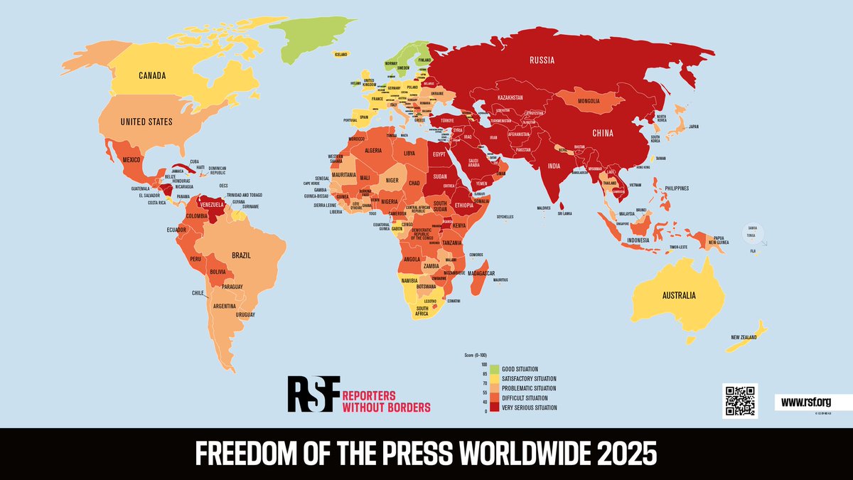 World Press Freedom Index 2025

1. Norway🇳🇴
2. Estonia🇪🇪
3. Netherlands🇳🇱
4. Sweden🇸🇪
5. Finland🇫🇮
6. Denmark🇩🇰
7. Ireland🇮🇪
8. Portugal🇵🇹
9. Switzerland🇨🇭
10. Czechia🇨🇿
11. Germany🇩🇪
12. Liechtenstein🇱🇮
13. Luxembourg🇱🇺
14. Lithuania🇱🇹
15. Latvia🇱🇻
16. New Zealand🇳🇿
17.