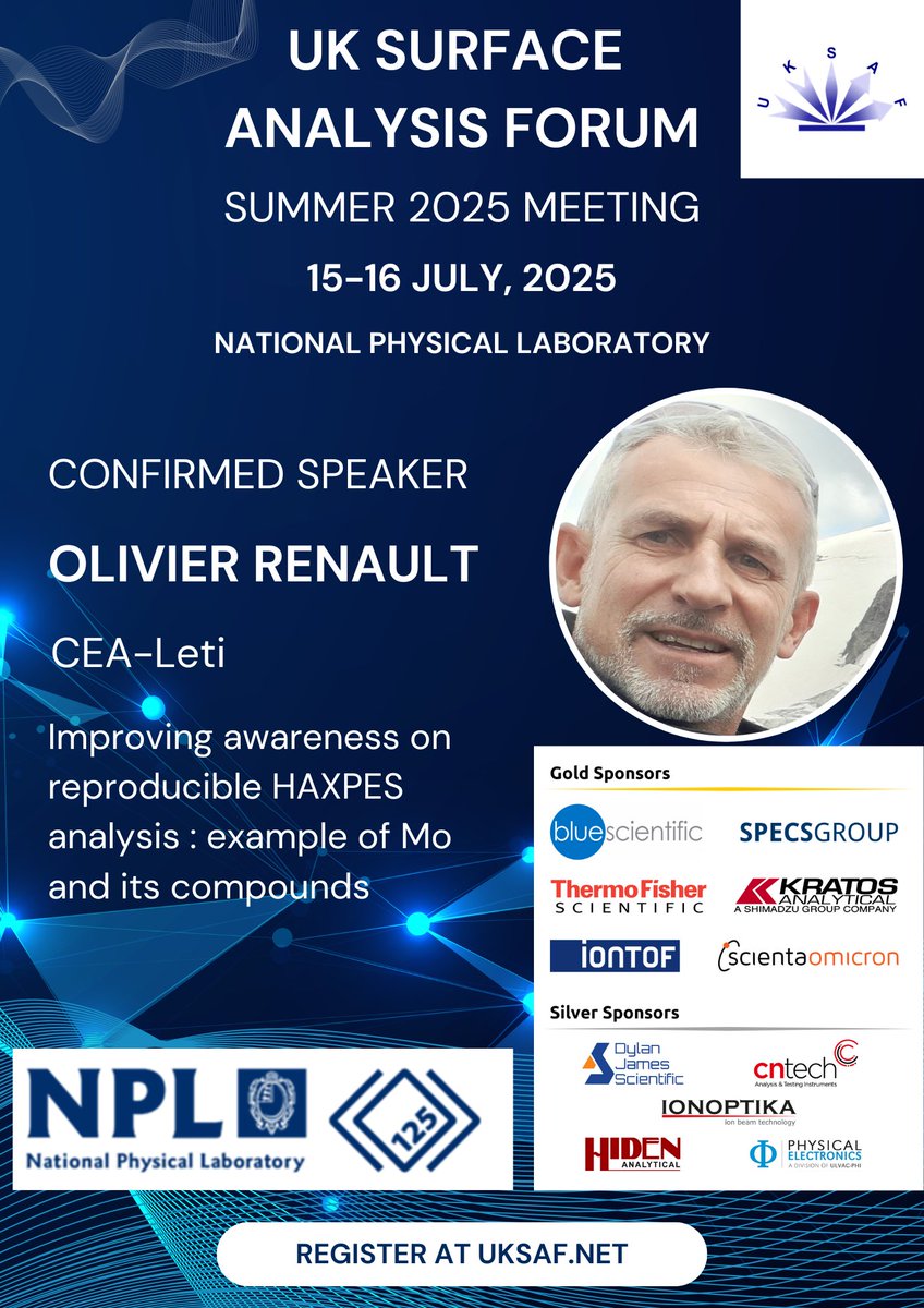 UKSAF (@uksaf1) on Twitter photo We are pleased to confirm Olivier Renault as a speaker for the upcoming UK Surface Analysis Forum meeting at NPL in July!
Meeting registration: uksaf.net We are pleased to confirm Olivier Renault as a speaker for the upcoming UK Surface Analysis Forum meeting at NPL in July!
Meeting registration: uksaf.net