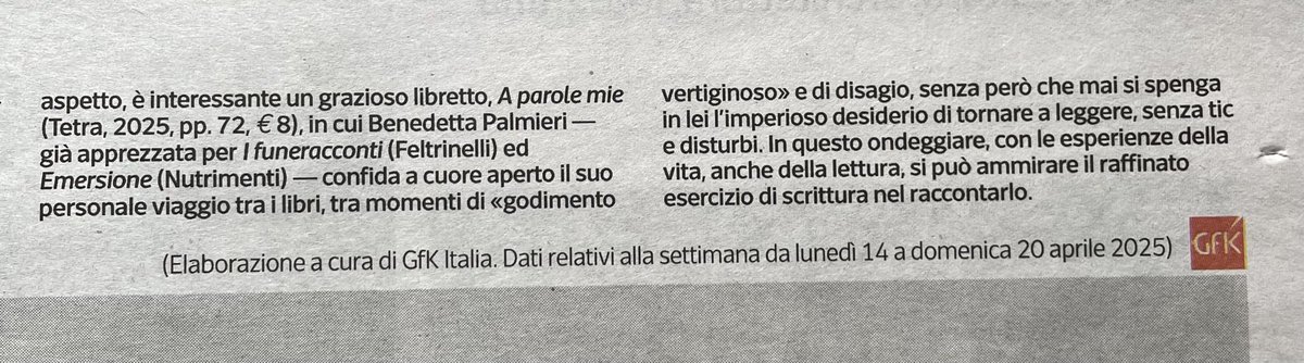 Benedetta Palmieri (@b_enedetta_) on Twitter photo A parole mie su <a href="/La_Lettura/">la_lettura</a> del <a href="/Corriere/">Corriere della Sera</a>.
Ne scrive Giuliano Vigini.
Grazie.
❤️ A parole mie su <a href="/La_Lettura/">la_lettura</a> del <a href="/Corriere/">Corriere della Sera</a>.
Ne scrive Giuliano Vigini.
Grazie.
❤️