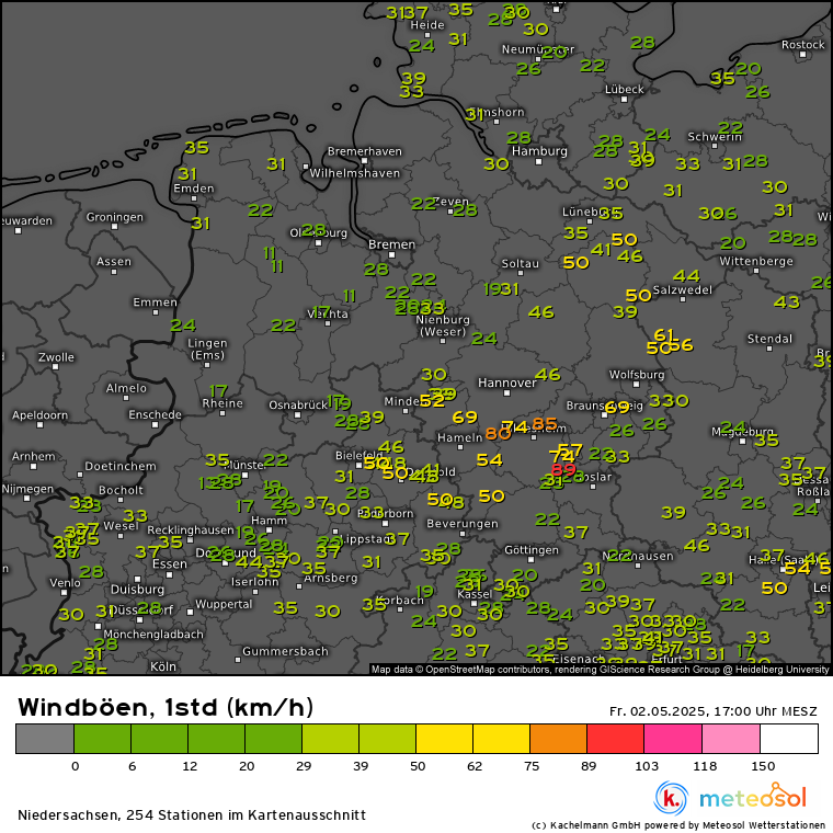 Kachelmannwettr's tweet photo. Die Böen der letzten Stunde aus dem #Meteosol-Messnetz. Sturmböen in Südniedersachsen, 89 km/h (schwere Sturmböe) in Bockenem-Mahlum. Mehr für Plus-Abonnenten: https://t.co/37KgOzNvVH /FA https://t.co/2faTBUVB2f