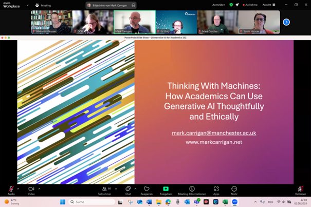 Very instructive presentation by Mark Carrigan <a href="/OfficialUoM/">The University of Manchester</a> on "Thinking With Machines: How Academics Can Use Generative AI Thoughtfully and Ethically" during <a href="/DARIAHeu/">DARIAH-EU | @dariaheu.bsky.social</a> #FridayFrontiers now

#AI #AIinResearch