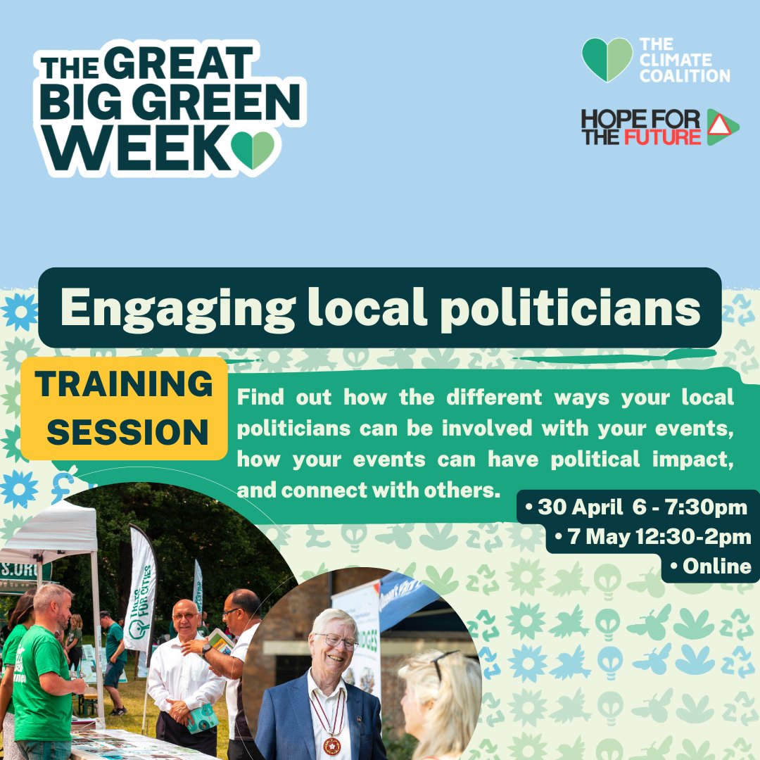 The Climate Coalition (@theccoalition) on Twitter photo Join our free online training with <a href="/HopeFTFuture/">Hope for the Future</a> and guest speaker Kate Copeland, and discover how your #GreatBigGreenWeek event – no matter how big or small – can spark real political conversations and influence change.
📅Weds 7 May
🕧 12:30–2:00PM
tickettailor.com/events/theclim… Join our free online training with <a href="/HopeFTFuture/">Hope for the Future</a> and guest speaker Kate Copeland, and discover how your #GreatBigGreenWeek event – no matter how big or small – can spark real political conversations and influence change.
📅Weds 7 May
🕧 12:30–2:00PM
tickettailor.com/events/theclim…