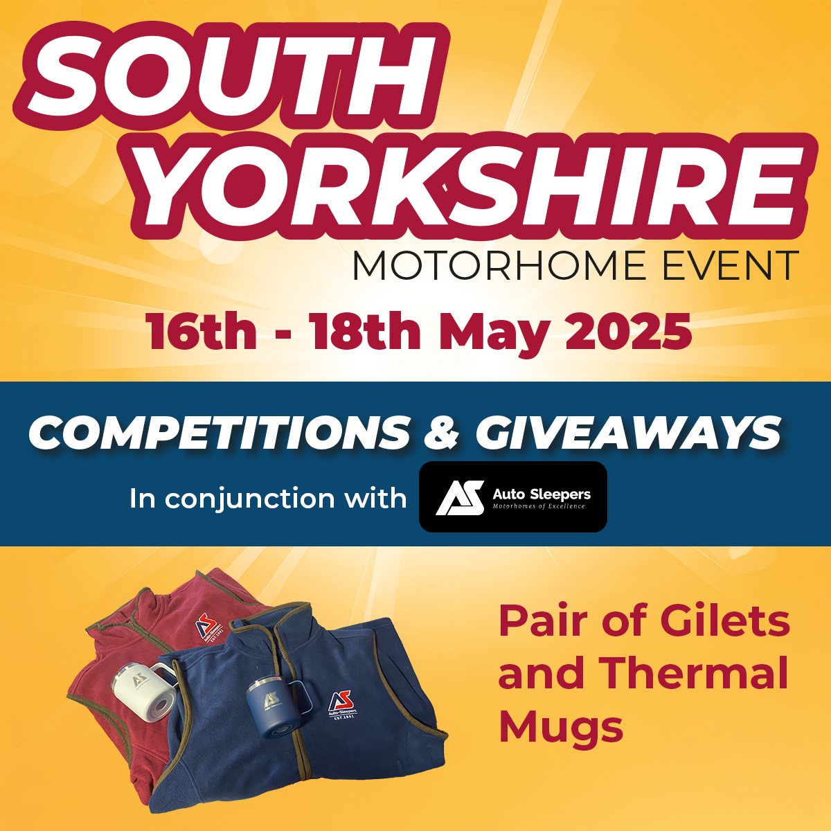 Heading to The South Yorkshire Motorhome Event? If you are make sure to take part in our exciting Prize Draw — exclusively at the event!
We’re giving away some fantastic goodies including stylish <a href="/ASGMotorhomes/">Auto-Sleepers</a> gilets &amp; thermal mugs
Register today ➡️bit.ly/4iD31BA