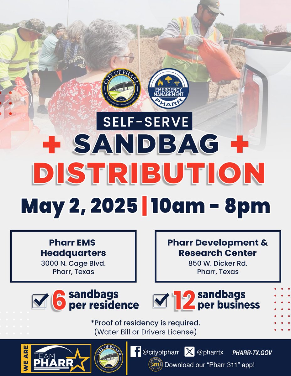 City of Pharr (@pharrtx) on Twitter photo Pharr Residents‼️ Self-serve sandbag distribution is today, May 2, 2025, from 10 AM–8 PM:
📍 Pharr EMS HQ – 3000 N. Cage Blvd
📍 Pharr Development Center – 850 W. Dicker Rd
 Limit: 6 per household for Residents | 12 per business
🪪 Proof of residency required (water bill or ID) Pharr Residents‼️ Self-serve sandbag distribution is today, May 2, 2025, from 10 AM–8 PM:
📍 Pharr EMS HQ – 3000 N. Cage Blvd
📍 Pharr Development Center – 850 W. Dicker Rd
 Limit: 6 per household for Residents | 12 per business
🪪 Proof of residency required (water bill or ID)