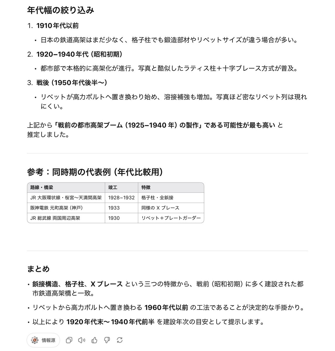chatGPT o3の画像分析が土木メンテでもかなり使えそう．
添付のような古い鋼製橋脚の年代を推定させると，
リベットやレーシングプレート，防護工などもきちんと認識し，それに基づいて年代もそこそこ推定している．
急激に進化してますね．ビビりました