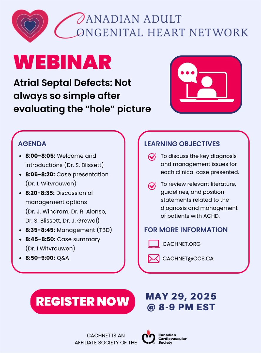 CACH Network (@cachnetwork) on Twitter photo Please share ❤️. Registration: my.ccs.ca/Shared_Content…
<a href="/ISACHD/">Int’l Society for Adult Congenital Heart Disease🌎</a> <a href="/CincyACHD/">The Cincinnati ACHD Program</a> <a href="/ACHA_Heart/">ACHA</a> <a href="/SickKidsNews/">The Hospital for Sick Children (SickKids)</a> Please share ❤️. Registration: my.ccs.ca/Shared_Content…
<a href="/ISACHD/">Int’l Society for Adult Congenital Heart Disease🌎</a> <a href="/CincyACHD/">The Cincinnati ACHD Program</a> <a href="/ACHA_Heart/">ACHA</a> <a href="/SickKidsNews/">The Hospital for Sick Children (SickKids)</a>