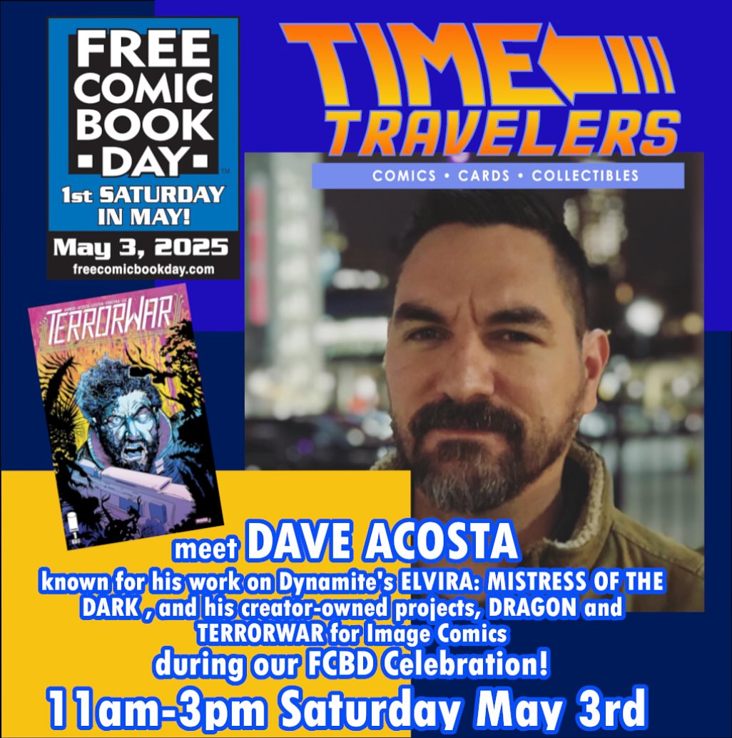 I will be at Time Travelers: Comics, Cards, &amp; Collectibles in Berkley, MI, for FREE COMIC BOOK DAY. I'm bringing exclusive books, and original comic pages from TERRORWAR, ELVRIA and DRAGON. Join me! #FCBD