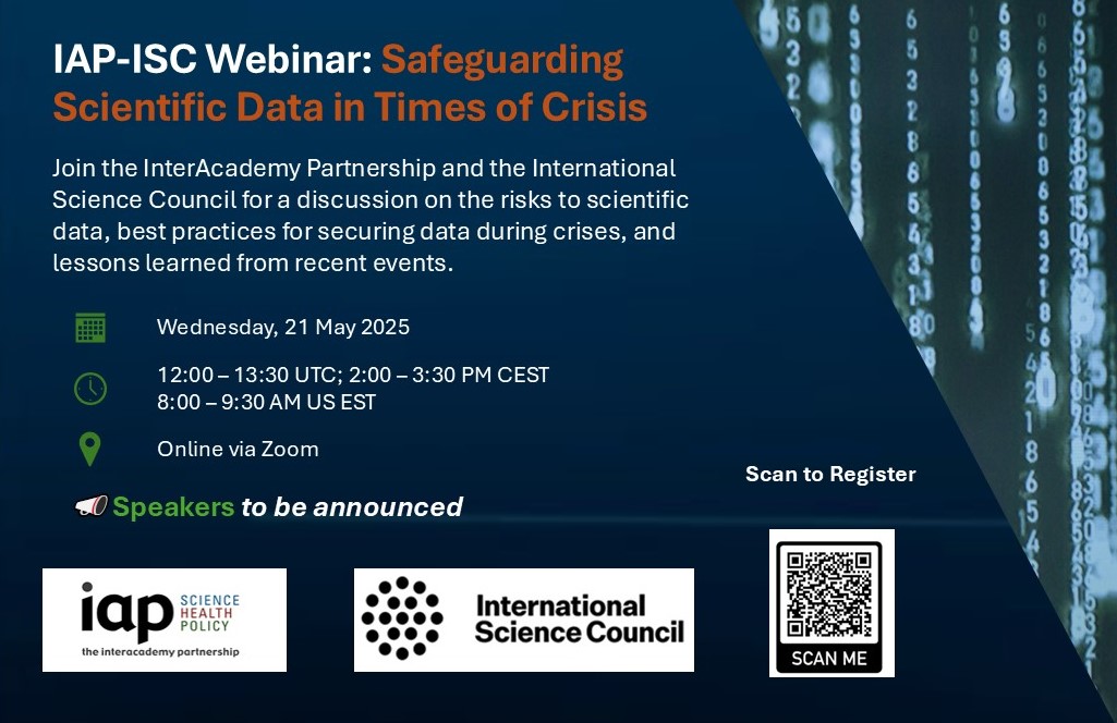 InterAcademy Partnership (IAP) 🌍 #science #health (@iapartnership) on Twitter photo 🚨Scientific data is never more vulnerable than in a crisis: wars, pandemics, cyberattacks & more.
Join experts from IAP & <a href="/ISC/">International Science Council</a> for a powerful webinar on how to protect, store & preserve research data in turbulent times🌍💾
📅 21 May|⏰12:00 UTC
🔗Register interacademies.org/event/iap-isc-… 🚨Scientific data is never more vulnerable than in a crisis: wars, pandemics, cyberattacks & more.
Join experts from IAP & <a href="/ISC/">International Science Council</a> for a powerful webinar on how to protect, store & preserve research data in turbulent times🌍💾
📅 21 May|⏰12:00 UTC
🔗Register interacademies.org/event/iap-isc-…