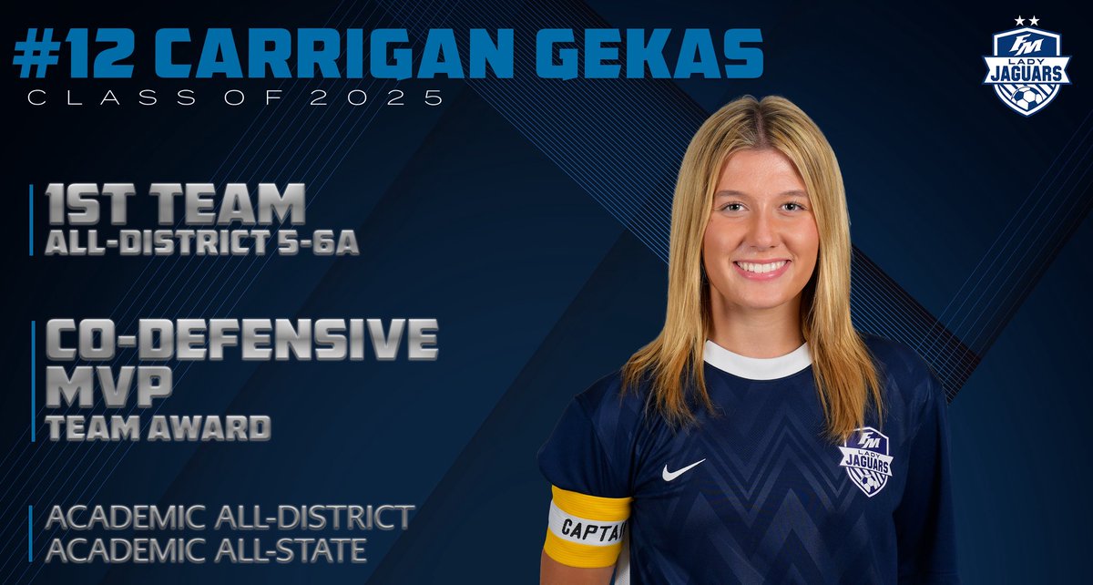 🏅 DISTRICT HONORS: CARRIGAN GEKAS

1st Team All-District
Academic All-District &amp; All-State
Team Co-Defensive MVP

A fearless Captain and anchor in the back—Carrigan led with heart and grit all season long!