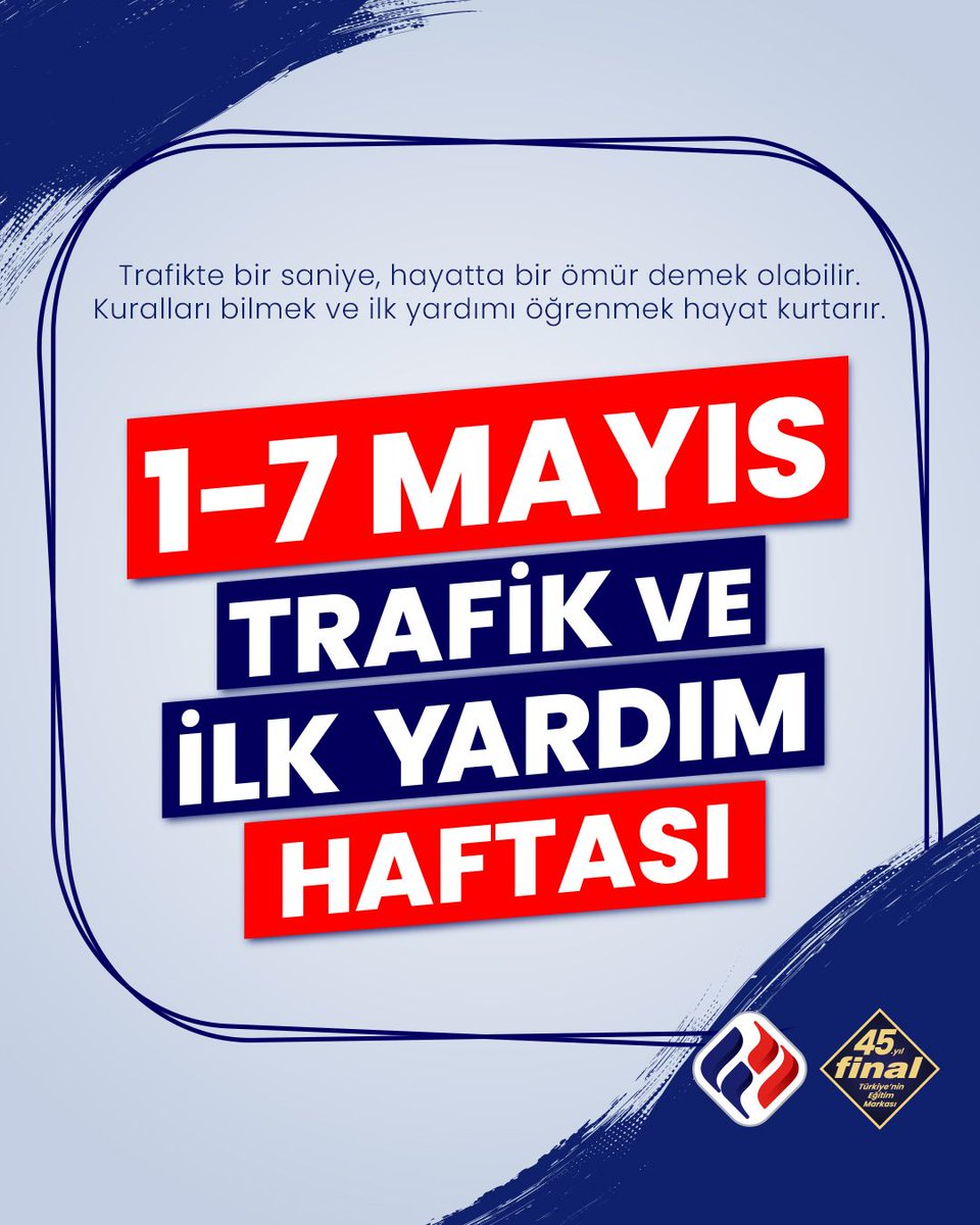 Kuralları bilmek ve ilk yardımı öğrenmek hayat kurtarır. 🚦🛑
Trafik ve İlk Yardım Haftası kutlu olsun!
#FinalOkulları