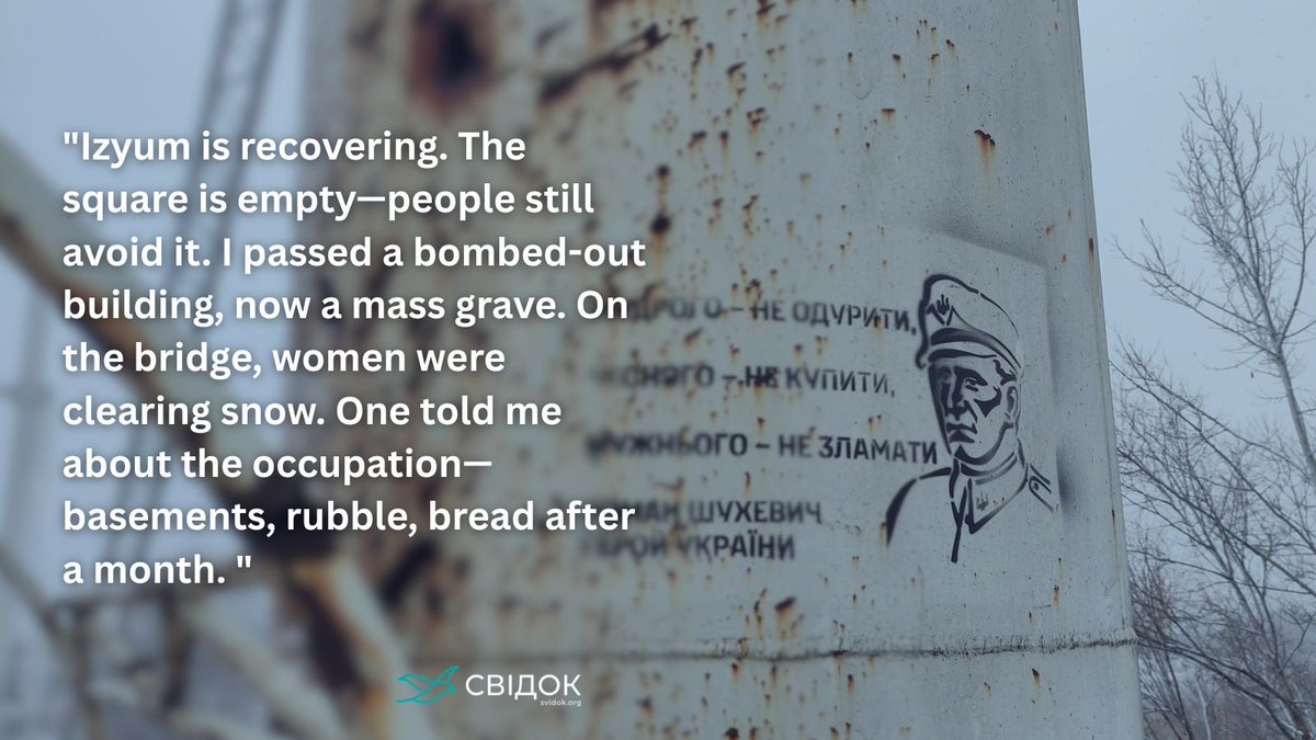 In 2025 Izyum is still recovering from the horrors of occupation. The central square remains empty, but the city gradually returns to life. A local woman recalls huddling in basements, lack of food and the threat from occupiers &amp; collaborators. 
Read more: svidok.org/notes/izium-og…