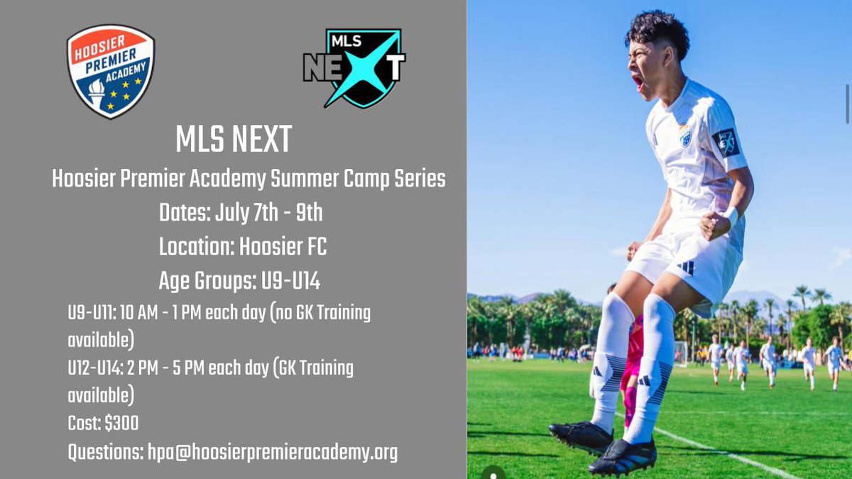 Want to experience MLS NEXT Level training, join us this summer for Hoosier Premier Academy Camps. Our first one will be for U9-U14 from July 7th - July 9th.

Spots are limited. Sign up using this link or the camp link in our profile. 

hoosierpremieracademy.sportngin.com/register/form/…