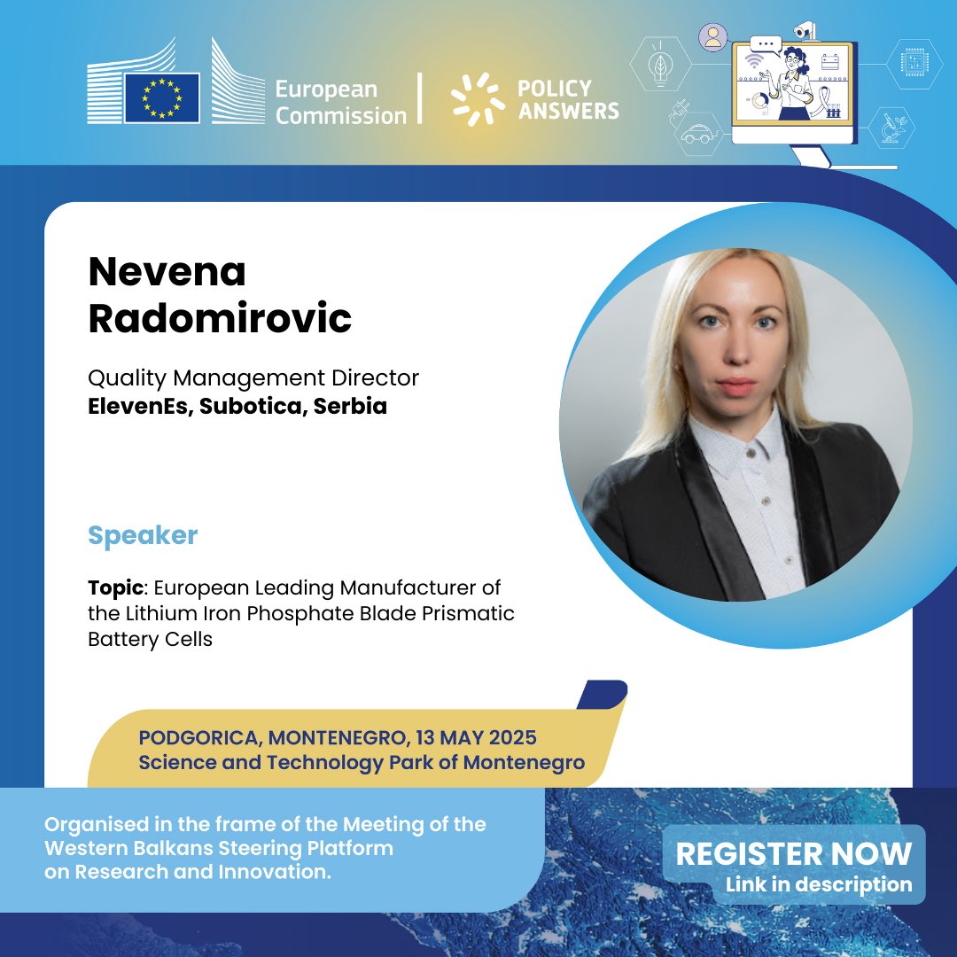 Workshop on Technology-Oriented Research Infrastructures is coming to Podgorica!
📅 13 May 2025
We’re introducing our outstanding speakers. First up: Nevena Radomirovic of ElevenEs 🔋 -  building 
1 GWh battery plant in Serbia.
Register now: …-workshop-wb-opportunities.konfeo.com/en/groups
<a href="/WBInfoHub/">Western Balkans Info Hub</a>